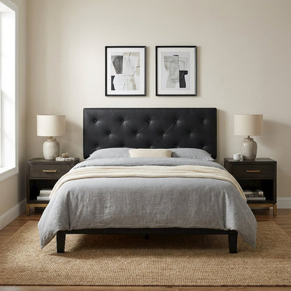 Black Faux Leather Queen Upholstered Headboard with Foam Padding and Wood Frame
