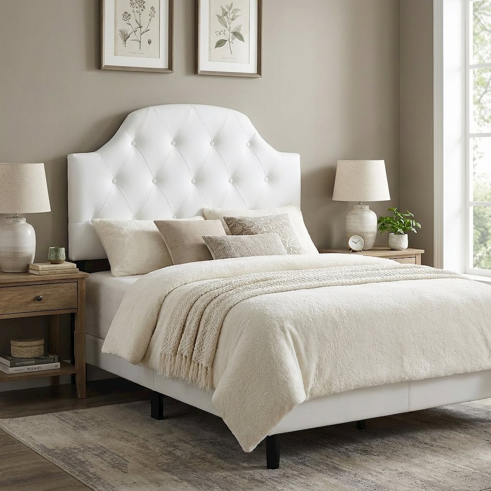 White Faux Leather Twin Headboard with Button-Tufted Detail and Scalloped Design