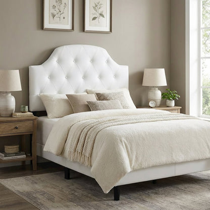 White Faux Leather Twin Headboard with Button-Tufted Detail and Scalloped Design
