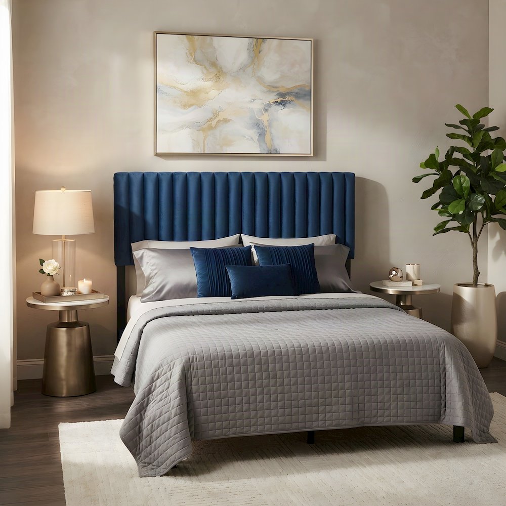 Velvet-Upholstered Channel-Tufted Queen Headboard Only, Navy Blue/Dark Brown