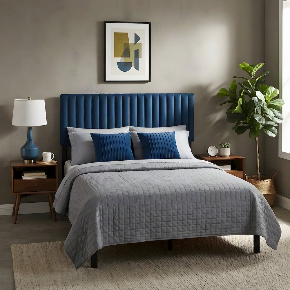 Velvet-Upholstered Channel-Tufted Queen Headboard Only, Navy Blue/Dark Brown
