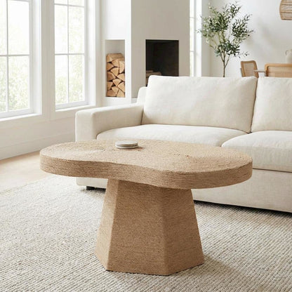 Warm Brown Jute Coffee Table with Handwoven Textured Top and MDF Frame
