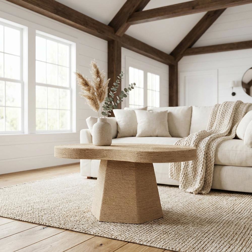 Warm Brown Jute Coffee Table with Handwoven Textured Top and MDF Frame