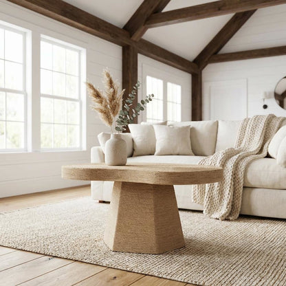 Warm Brown Jute Coffee Table with Handwoven Textured Top and MDF Frame