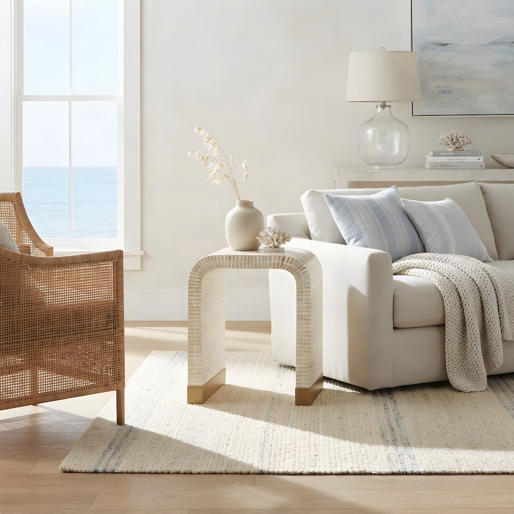 Capiz Shell Side Table with Lacquered MDF Frame and Metal Legs, Beige/White/Gold