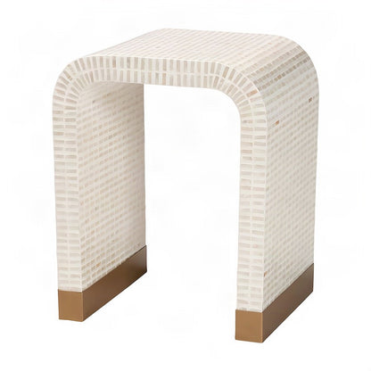 Capiz Shell Side Table with Lacquered MDF Frame and Metal Legs, Beige/White/Gold