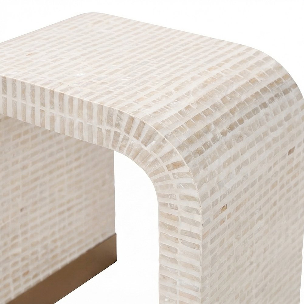 Capiz Shell Side Table with Lacquered MDF Frame and Metal Legs, Beige/White/Gold