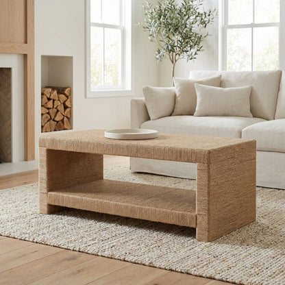 Warm Brown Rectangular Coffee Table with Handwoven Jute Top and MDF Legs