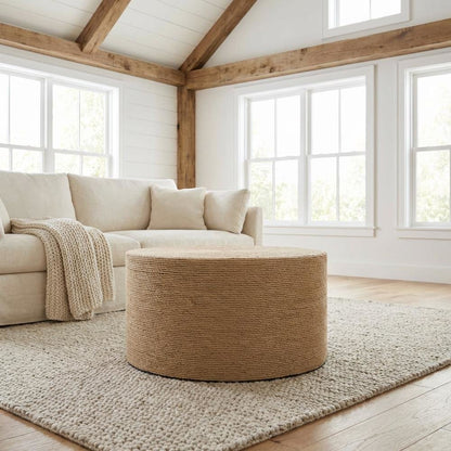 Round Handwoven Authentic Jute Coffee Table with Boho Style and Sturdy Build