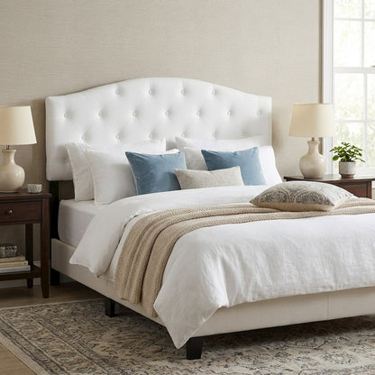 White Faux Leather Queen Headboard, Button-Tufted, Scalloped Design Hardwood