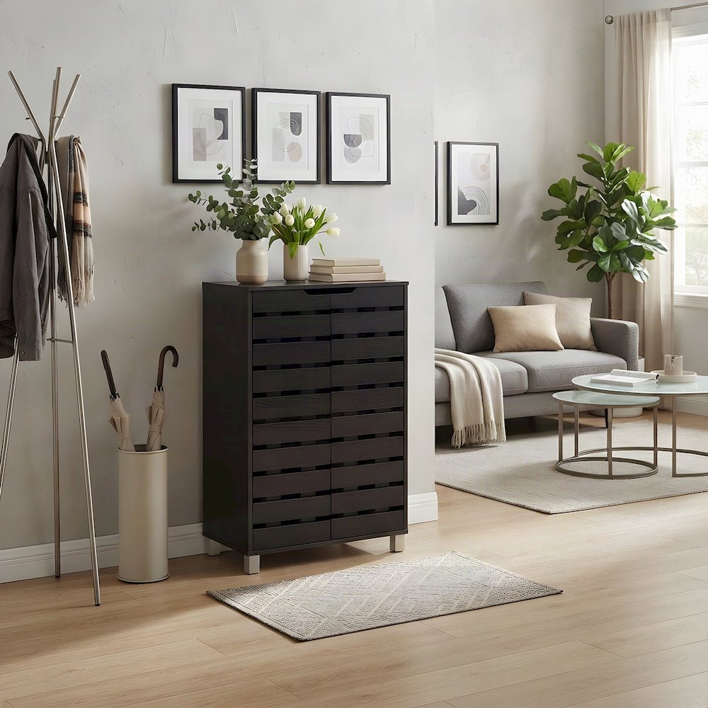 Modern MDF 2-Door Shoe Storage Organizer with Enclosed Shelving, Dark Brown/Grey