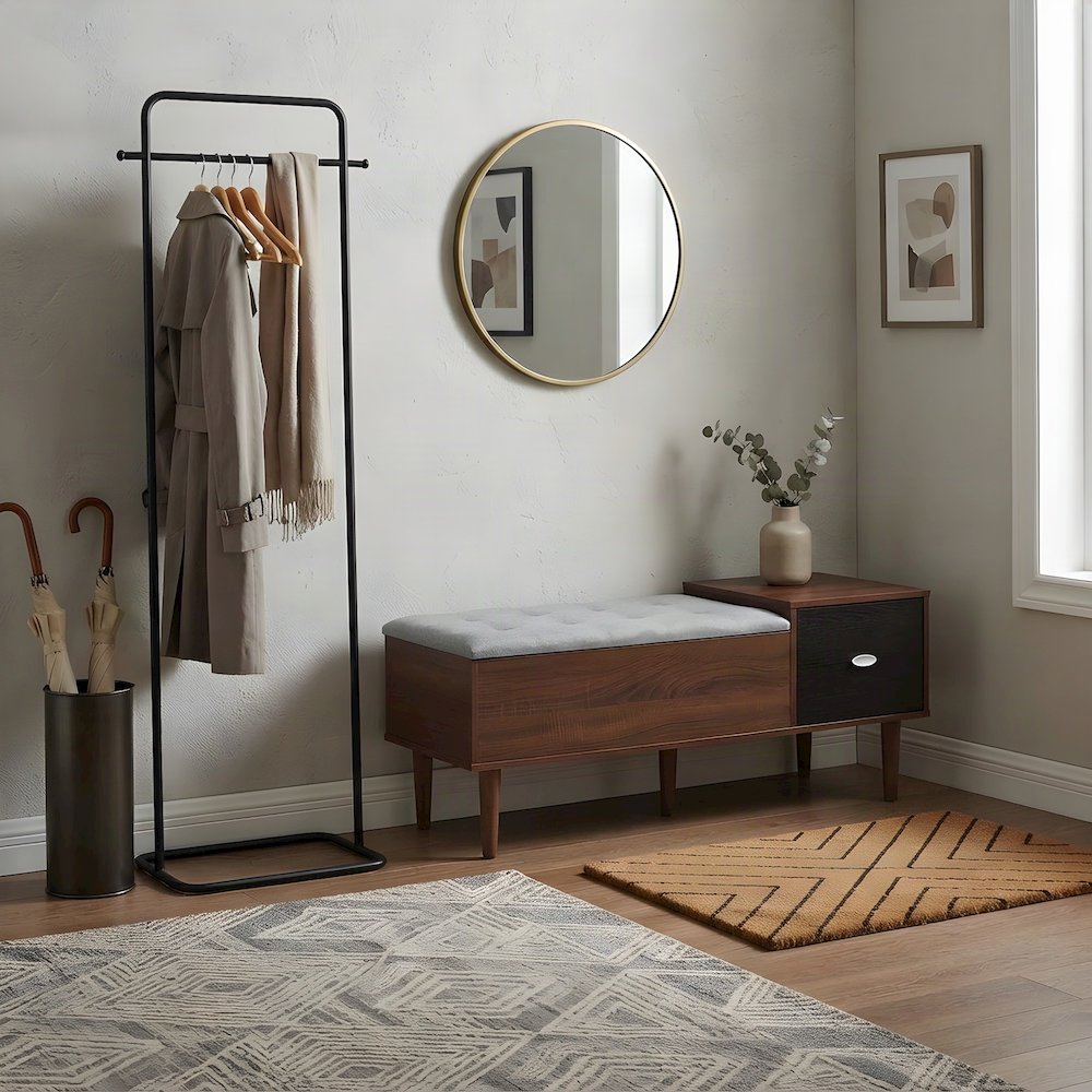 Fabric-Cushioned Wood Entryway Bench with Shoe Storage, Light Grey/Walnut Brown