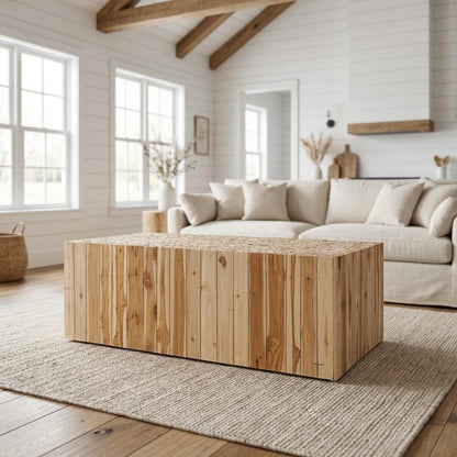Authentic Brown Teak Wood Coffee Table with Repurposed Wood Logs and Solid Frame