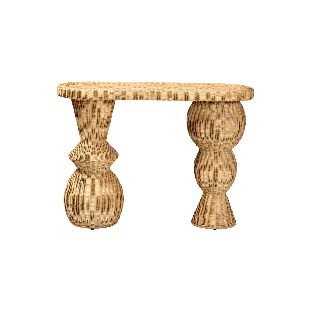 bali & pari Hisao Natural Rattan Checkered Console Table with Sculptural Base