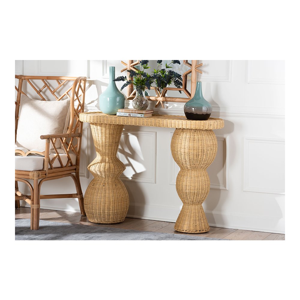 bali & pari Hisao Natural Rattan Checkered Console Table with Sculptural Base