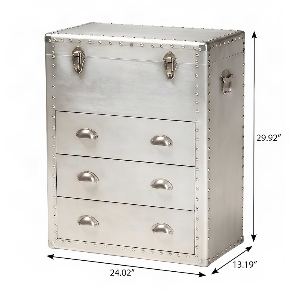 French Provincial Aluminum-Frame 3-Drawer Storage Accent Dresser, Silver