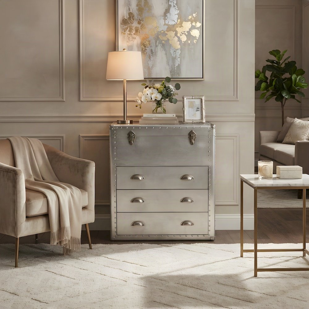 French Provincial Aluminum-Frame 3-Drawer Storage Accent Dresser, Silver