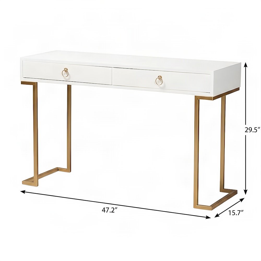 Firwood 2-Drawer Console Table, Entryway Sofa Table with Metal Legs, White/Gold