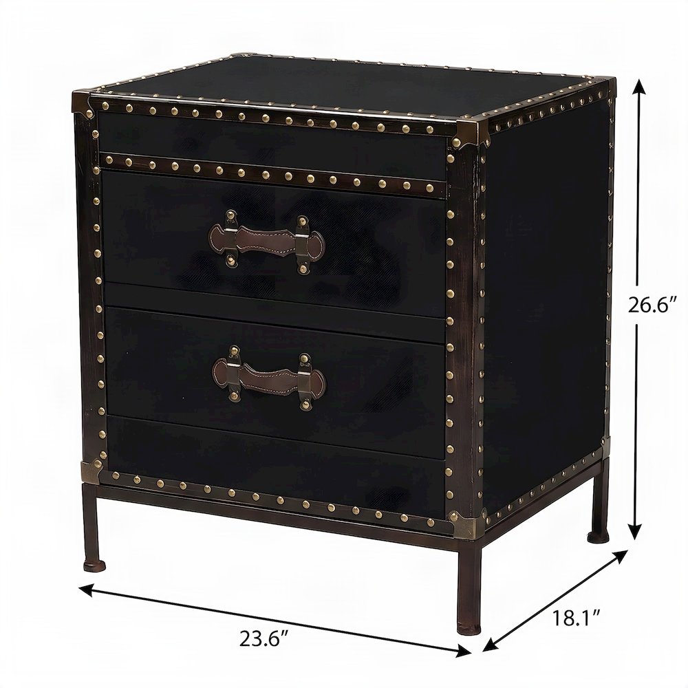 Canvas-Upholstered Vintage Trunk End Table with 2-Drawer Storage, Black/Brown