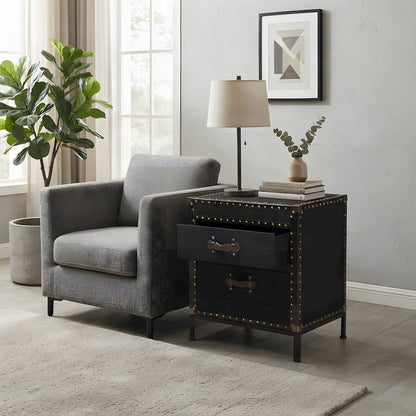 Canvas-Upholstered Vintage Trunk End Table with 2-Drawer Storage, Black/Brown