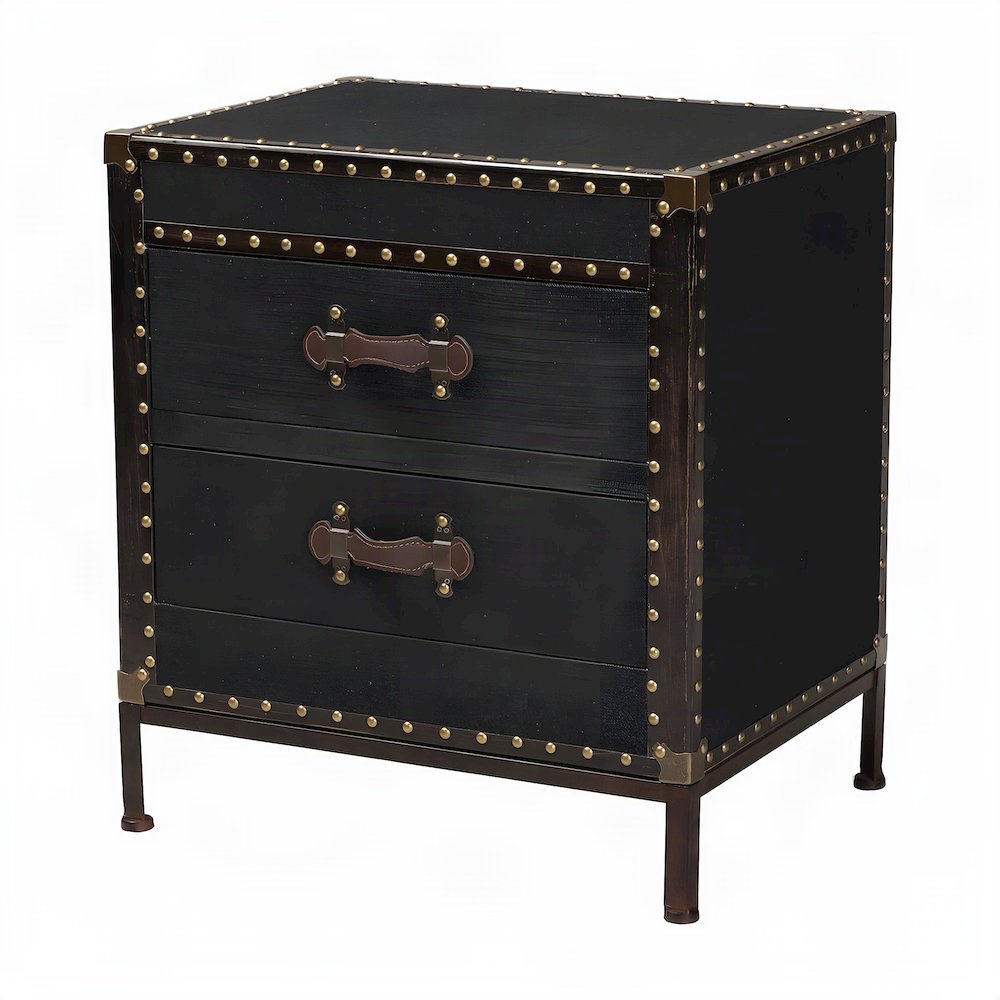Canvas-Upholstered Vintage Trunk End Table with 2-Drawer Storage, Black/Brown
