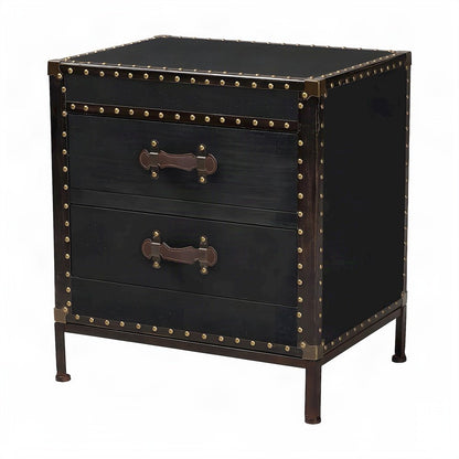 Canvas-Upholstered Vintage Trunk End Table with 2-Drawer Storage, Black/Brown