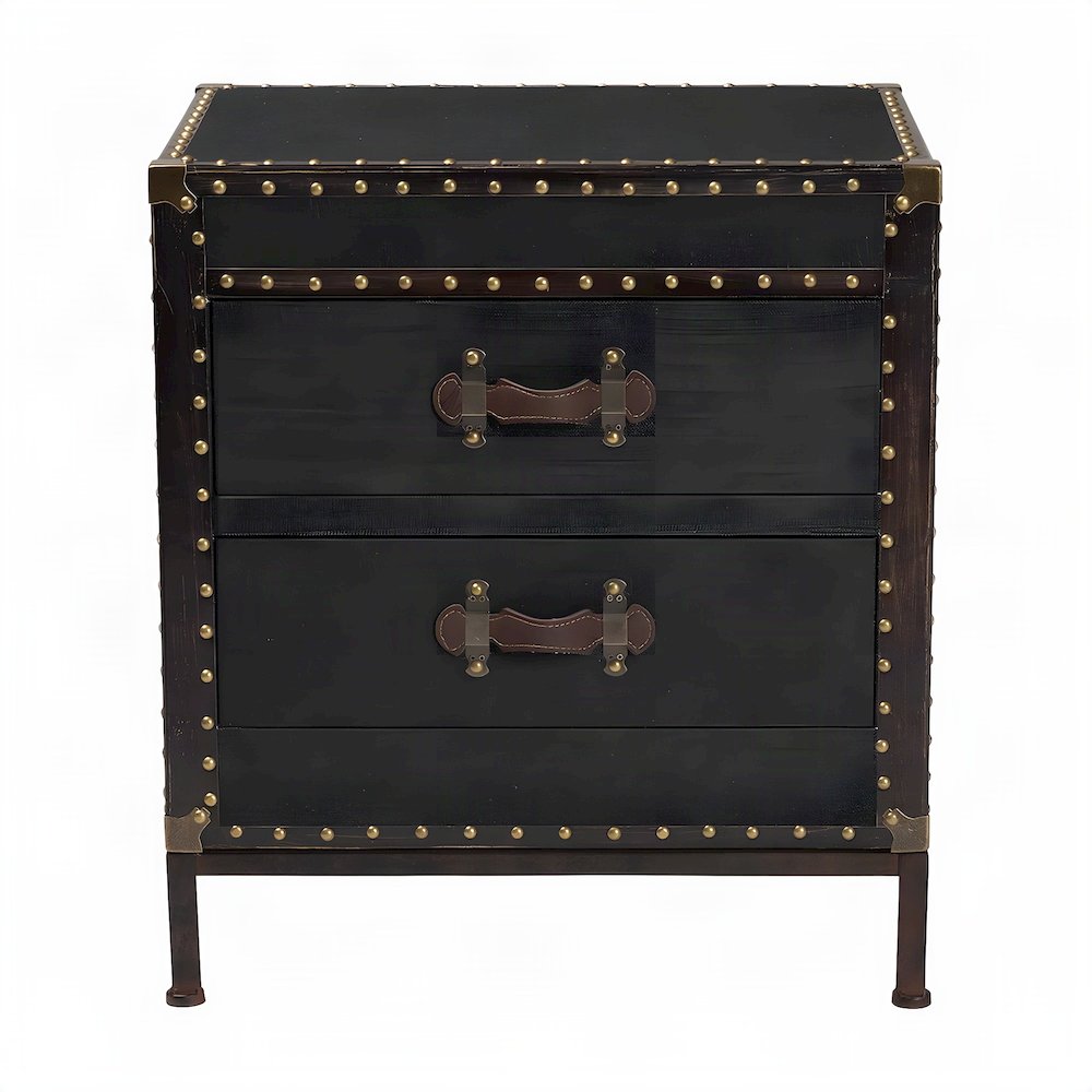 Canvas-Upholstered Vintage Trunk End Table with 2-Drawer Storage, Black/Brown
