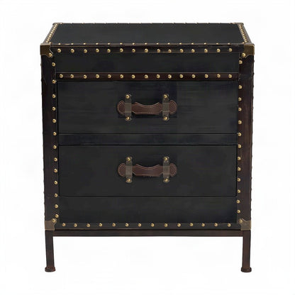 Canvas-Upholstered Vintage Trunk End Table with 2-Drawer Storage, Black/Brown