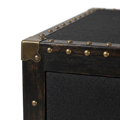 Canvas-Upholstered Vintage Trunk End Table with 2-Drawer Storage, Black/Brown