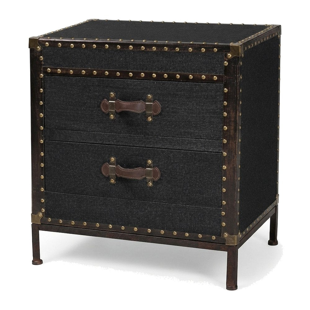Canvas-Upholstered Vintage Trunk End Table with 2-Drawer Storage, Black/Brown