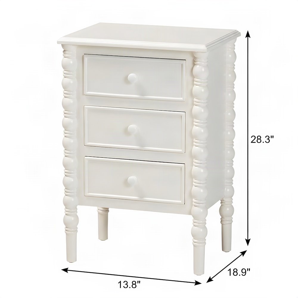 MDF and Firwood 3-Drawer End Table with Spindle Legs, Nightstand, White