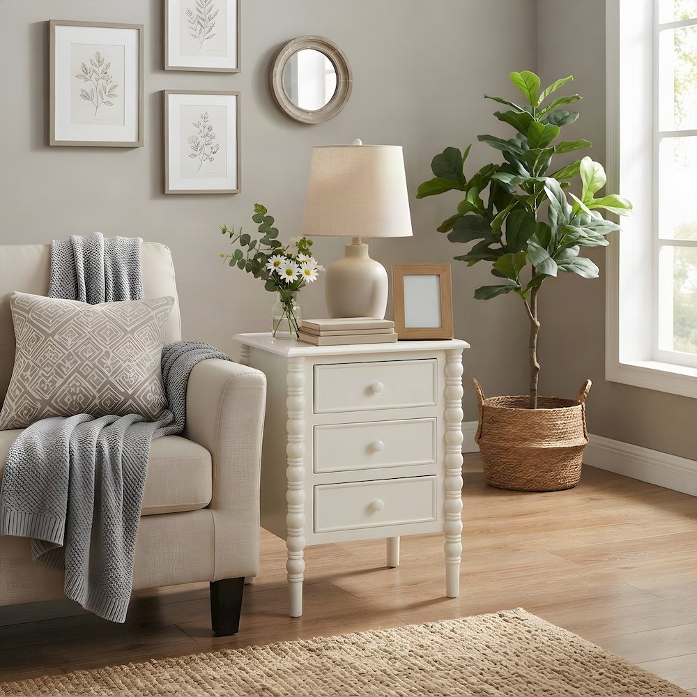MDF and Firwood 3-Drawer End Table with Spindle Legs, Nightstand, White