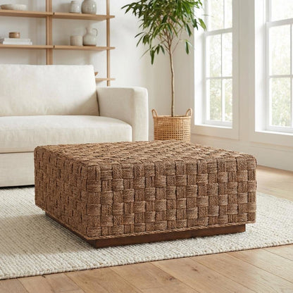Woven Seagrass Coffee Table with Acacia Wood Frame and Light Brown Legs