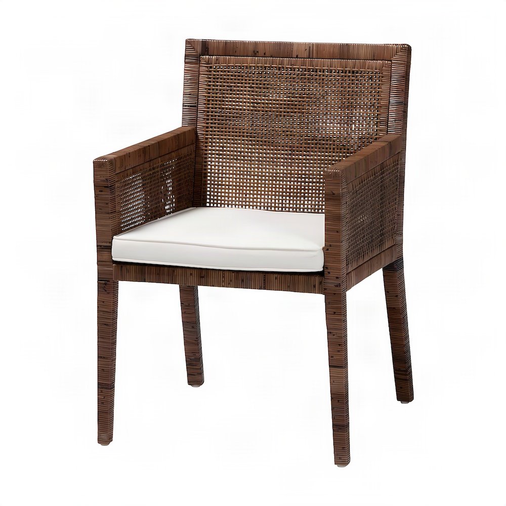 Rattan Dining Chair with Fabric Cushion and Mahogany Wood Frame, Antique Coffee