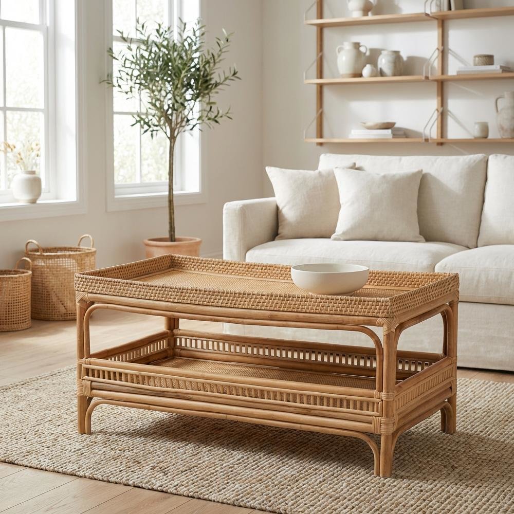 Genuine Brown Rattan Coffee Table with MDF Top and Bohemian Design