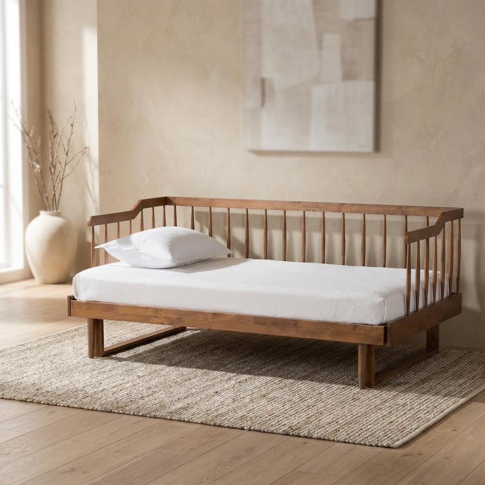 Rubberwood Expandable Twin to King Spindle Daybed, Transitional Style, Walnut