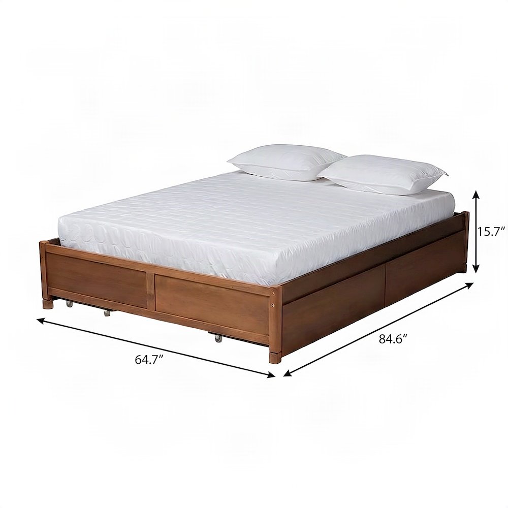 Wood Queen Platform Bed Frame with 4-Drawer Storage, Rubberwood, Walnut Brown