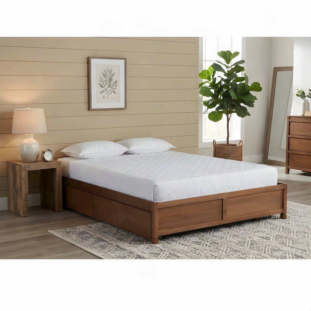 Wood Queen Platform Bed Frame with 4-Drawer Storage, Rubberwood, Walnut Brown