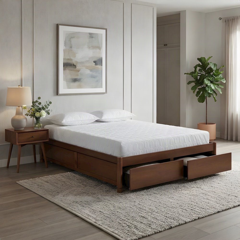 Wood Queen Platform Bed Frame with 4-Drawer Storage, Rubberwood, Walnut Brown