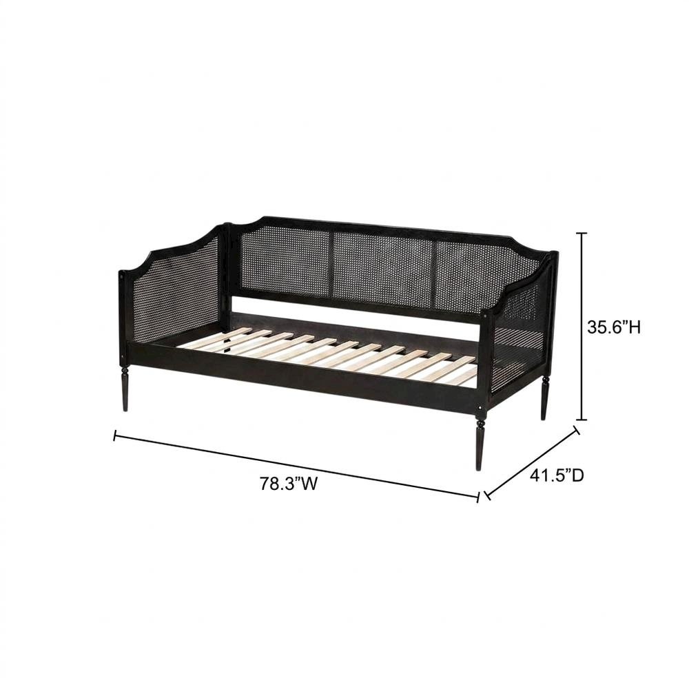 Mid-Century Wood and Synthetic Rattan Twin Daybed Frame, Black/Charcoal