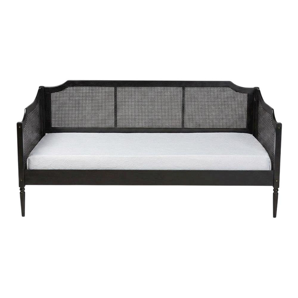 Mid-Century Wood and Synthetic Rattan Twin Daybed Frame, Black/Charcoal