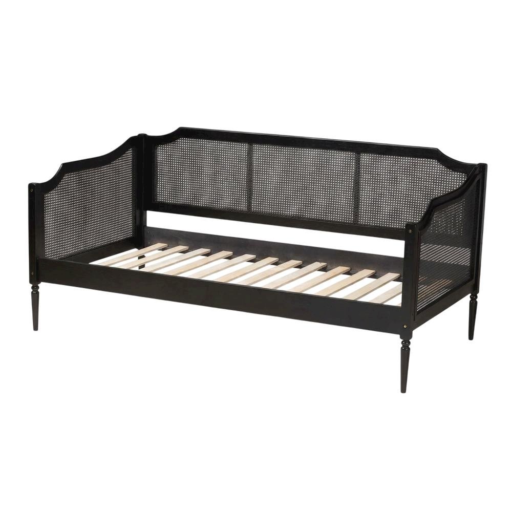 Mid-Century Wood and Synthetic Rattan Twin Daybed Frame, Black/Charcoal