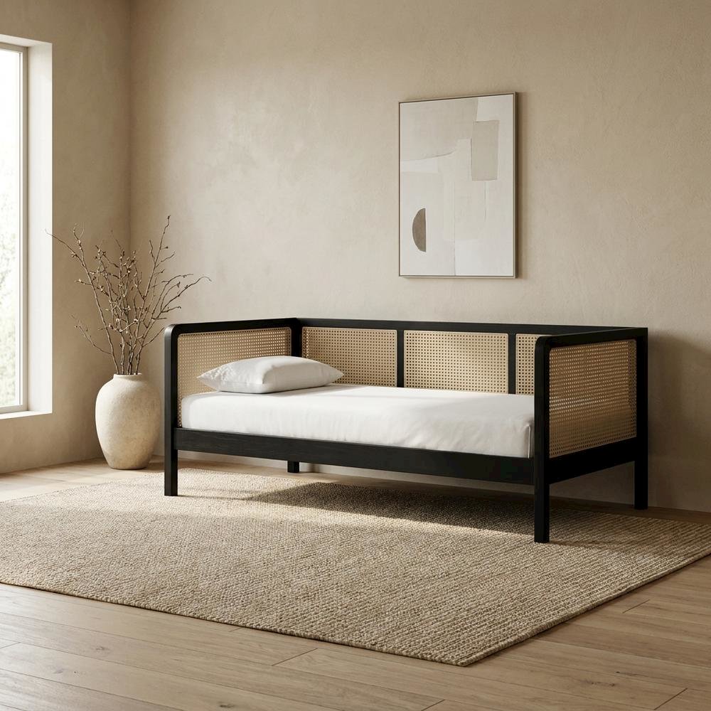 Mid-Century Wood and Synthetic Rattan Twin Daybed Frame, Black/Charcoal