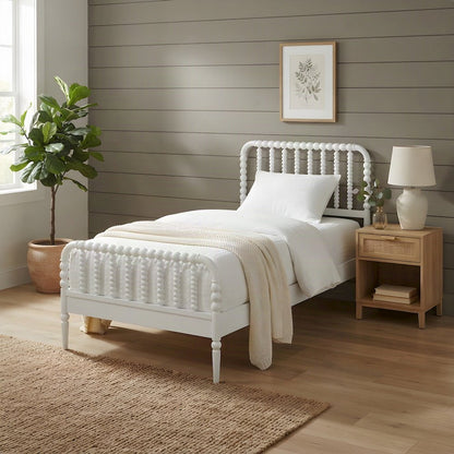 Solid Rubberwood Twin Bed Frame with Bobbin Spindle Headboard, White