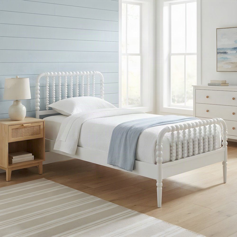 Solid Rubberwood Twin Bed Frame with Bobbin Spindle Headboard, White