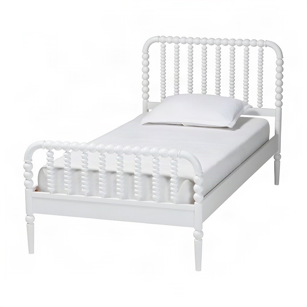 Solid Rubberwood Twin Bed Frame with Bobbin Spindle Headboard, White