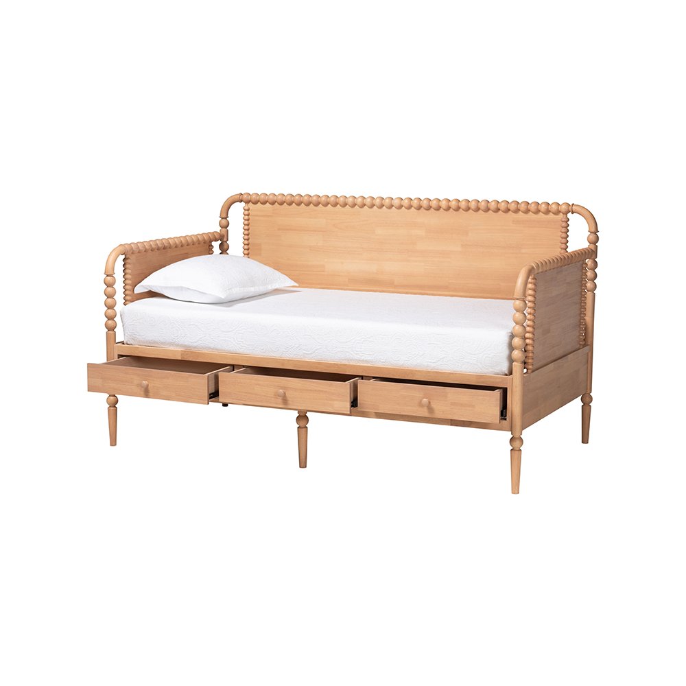 Baxton Studio Lucera 3-Drawer Daybed with Bobbin Frame, Full, Beech Brown
