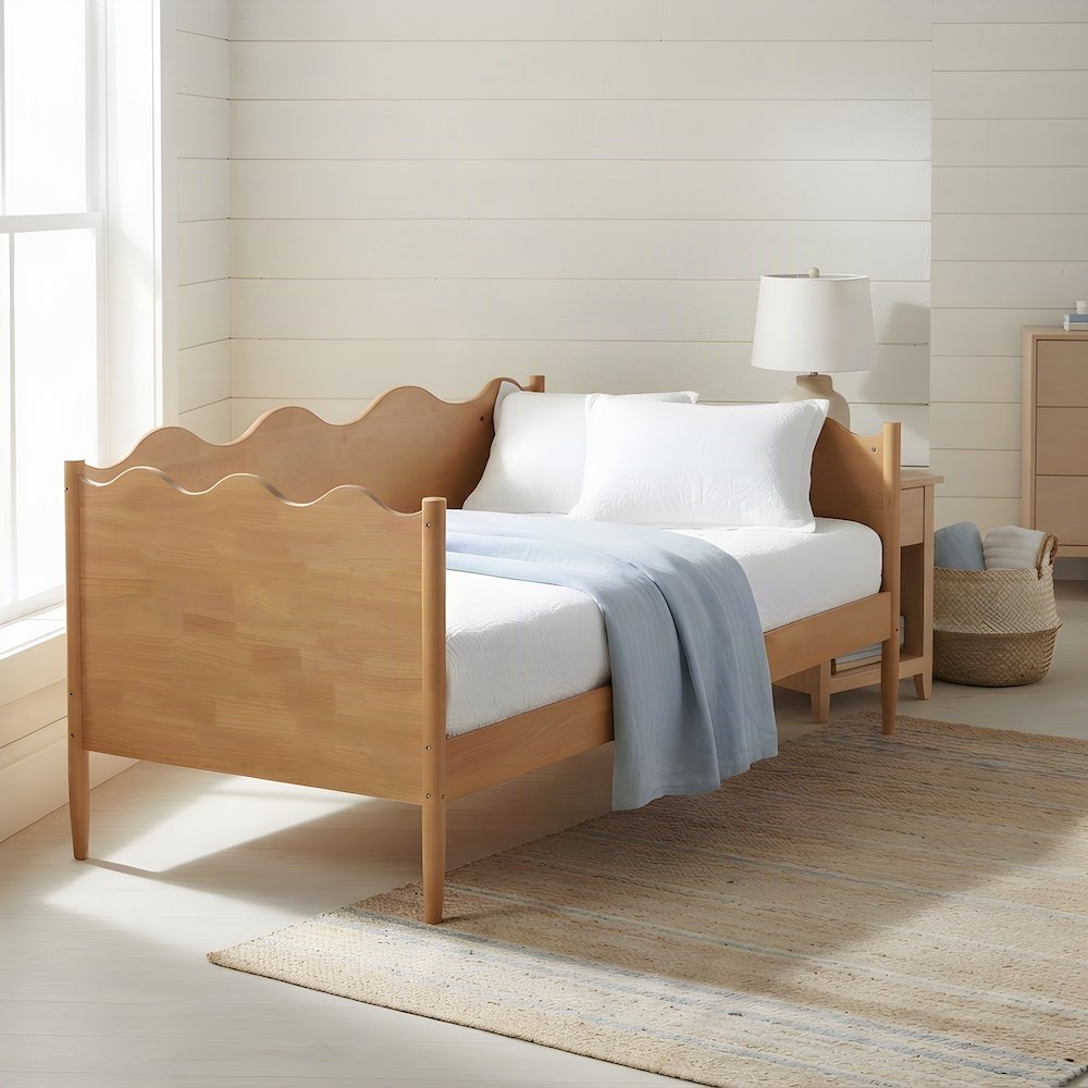 Solid Rubberwood Twin Daybed with Scalloped-Edge Wooden Back Panel, Oak Brown