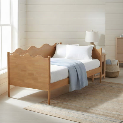 Solid Rubberwood Twin Daybed with Scalloped-Edge Wooden Back Panel, Oak Brown