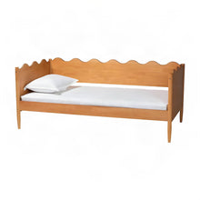 Solid Rubberwood Twin Daybed with Scalloped-Edge Wooden Back Panel, Oak Brown
